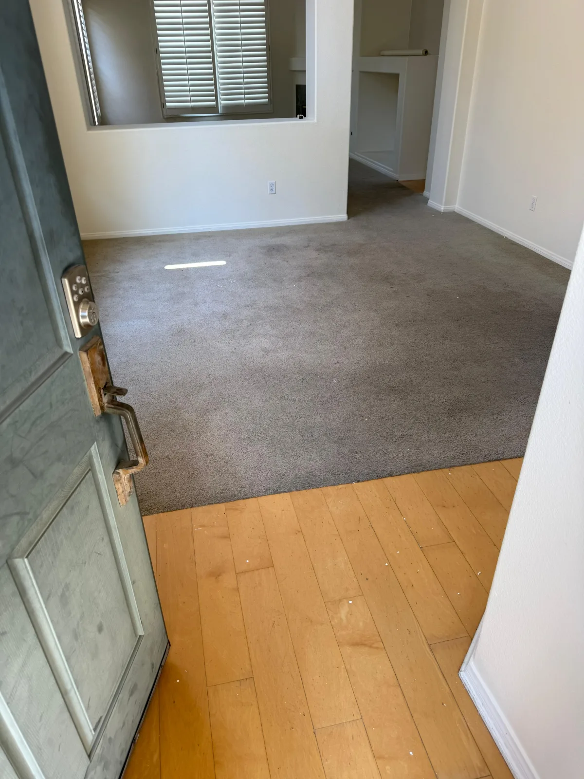 Entryway before, old carpet